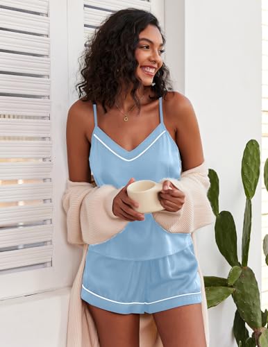 Image of Ekouaer Pajamas for Women Set Silk Satin Pjs Sexy Lingerie Sleepwear Cami Shorts Set Summer Nightwear S-XXL