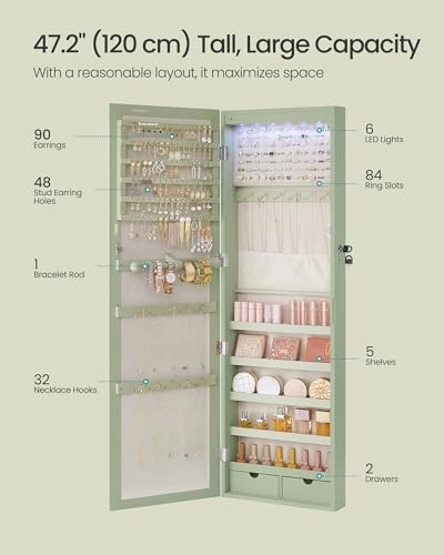 image for SONGMICS 6 LEDs Mirror Jewelry Cabinet, 47.2-Inch Tall Lockable Wall o