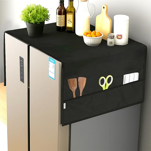 Image of Fridge Cover Top for Double Door Refrigerator - Washable, Water-Resistant Polyester Refrigerator Cover Top with 6 Side Pockets for Kitchen Accessories, Dustproof (Black)