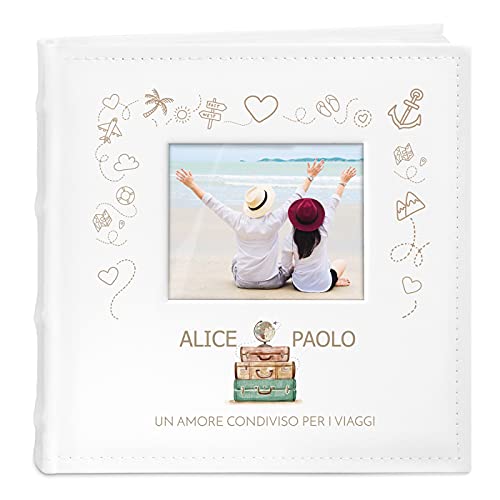 Maverton Album Foto - Personalizzazione Stampata - Copertina Bianca con Finestra - 100 Pagine Bianche - 200 foto 10x15cm - idee regalo anniversario, matrimonio - Viaggi