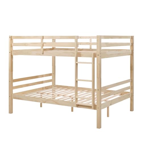 Image of Full Over Full Bunk Bed with Ladder, Solid Wood Bunk Bed with High Guardrail and Ladder for Kids, Teens, Dorm Rooms, and Guest Rooms, No Box Spring Needed, Wood