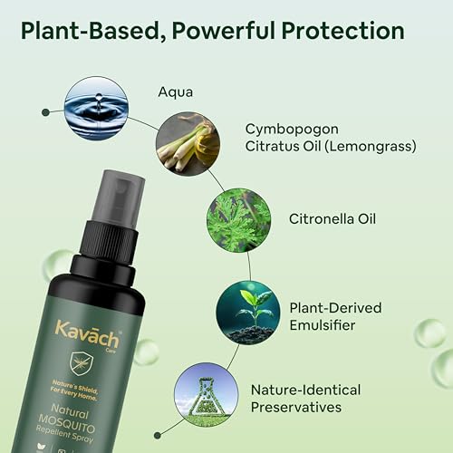 Image of Kavach Care Natural Mosquito Repellent Spray - DEET Free, Plant Based with Citronella & Lemongrass, Safe for Kids & Baby, 8 Hours Protection from Dengue & Malaria, Dermatologically Tested 120ml