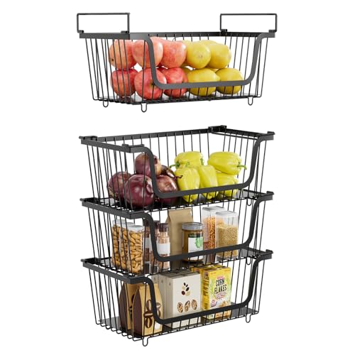 4 Pcs Stackable Wire Baskets for Pantry Organizers and Storage,Kitchen Storage Metal Baskets,Produce Potato Onion Storage Bin,Vegetable Fruit Basket for Countertop,Black - image 1
