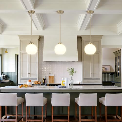 Image of 2 Pack Gold Globe Pendant Lights, Mid Century Brass Pendant Light Fixtures, Globe Pendant Lights Kitchen Island with Milk Glass Shade Adjustable Hanging Fixture for Dining Room (Bulbs not Included)