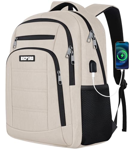 Beige Backpack for Women, School Backpack for Girls Teens Boys, Work Business Backpack with USB Charging Port,Water Resistant College Computer Bookbag Fits 15.6 Inch Laptop,Back Pack,Mochilas