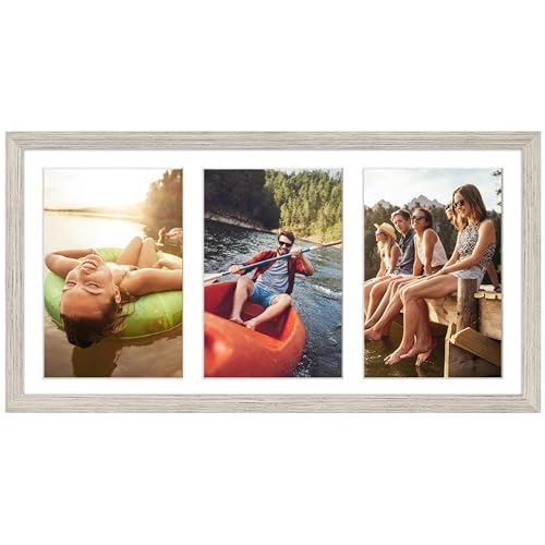 Americanflat Portafoto da Parete Multiplo da 20x41 cm, Color Legno di Mare - Per 3 Foto da 13x18 cm - Porta Foto Multiple da Parete con Vetro Infrangibile, Cavalletto e Accessori per Appenderlo