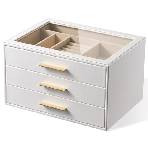 pickpiff Jewelry Box Organizer Case for Women: 3-Layer Jewelry Storage Case with Glass Window, Pure...