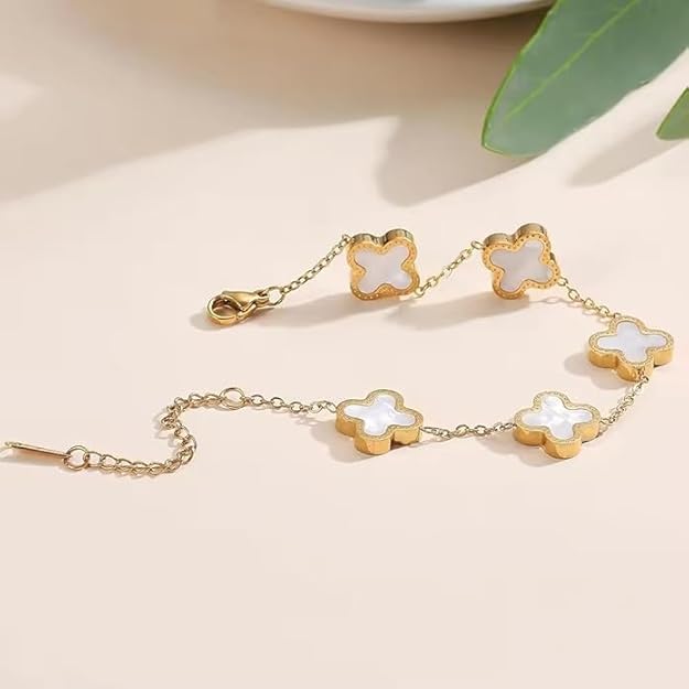 Image of STYOLLO Four-Leaf Clover Anti Tarnish Bracelet for Women & Girls Stylish | Elegant Gold-Plated Lucky Charm Jewelry | Aesthetic Enamel Design Adjustable Chain Bracelet for Daily, Gifting & Festive