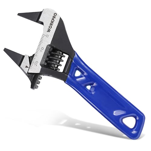 WORKPRO 4-Inch Thin Jaws Stubby Wide Opening Adjustable Wrench, Small Adjustable Wrench with 2mm Slim Jaws for Easy Access to Tight Spaces, Metric/SAE Scales, Cr-V Steel