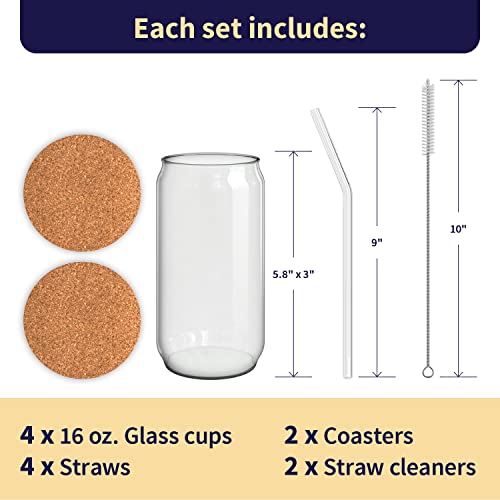 Scoozee Glass Cups With Glass Straws (Set Of 4, 16 Oz) - Drinking Glasses With Glass Straws - Glass Tumbler For Iced Coffee, Beer, Tea - Aesthetic Cute Coffee Bar Accessories #TOP2