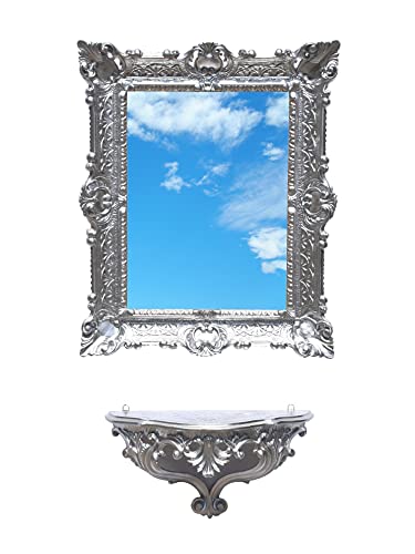 Console étagère + Miroir Argent Argenté ameublement mural entrée imitation vintage louis XVI