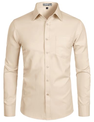 ZEROYAA Men's Long Sleeve Dress Shirt Solid Slim Fit Casual Business Formal Button Up Shirts with Pocket