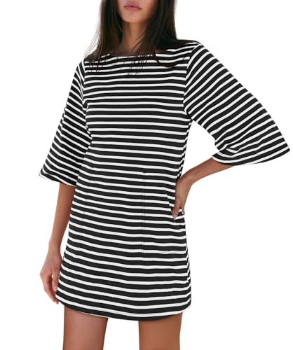 Image of Yousify Women's T Shirt Dress Cotton Summer Dresses 2026 Casual Loose Short Sleeve Striped Mini Dress with Pockets
