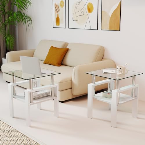 Image of Meihua Glass End Table, Square Glass Side Table, 2-Tier Modern Nightstand with Metal Legs for Living Room&Bedroom (Transparent+White, Set of 2)