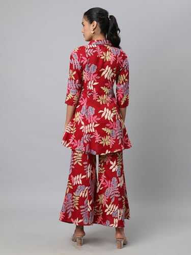 Image of AVANOVA Soft Maslin Silk V Neck Co-Ords Set for Women's | Printed Shirt & Bottom Set for Women | Suit Set | Two Piece Dress (CO-ODS 84 Maroon L)