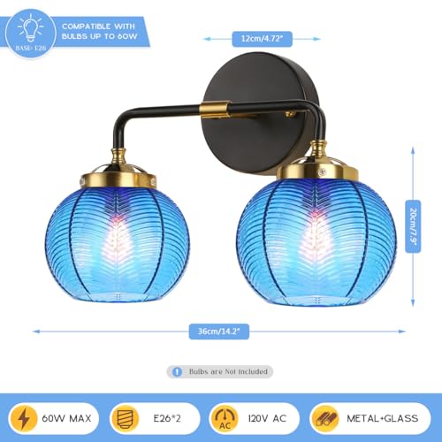 Image of Bathroom Light fixtures Over Mirror Mid Century Vanity Light with Blue Ribbed Glass Shade Globe Wall Sconce 2-Lights Modern Vanity Lights for Dining Room Bedroom Hallway Overhead