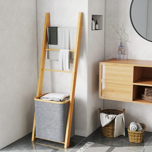HOMCOM Estantería para Baño de Bambú, 2 en 1, Toallero de Pie con 3 Barras, Cesto para Ropa Sucia Extraíble de 48 L, para Dormitorio, Lavadero, Gris - imagen 8