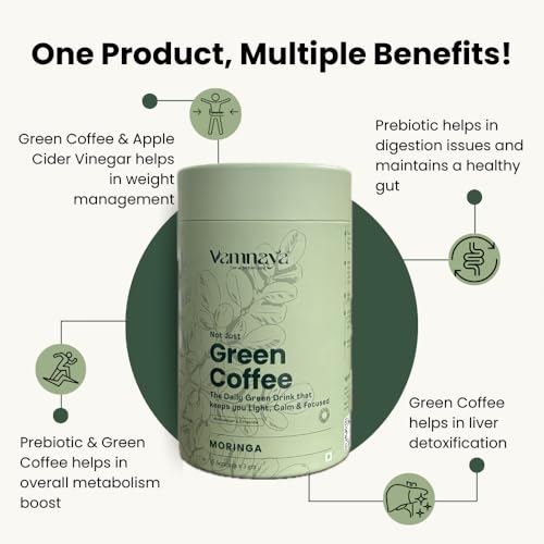 Image of Vamnaya Green Coffee | 4-in-1 Metabolism & Gut Support Drink Sachet with Sunfiber Prebiotic, L-Theanine & Apple Cider Vinegar | Green Coffee Extract (50% Chlorogenic Acid) + Lemon & Monk Fruit | Daily Weight Management Ritual | 1 Box each - Tulsi,Lemon & Moringa