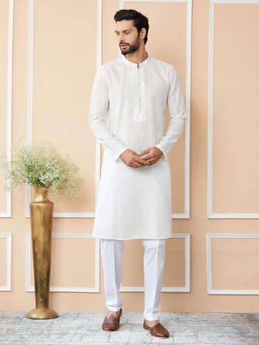 Image of See Designs Men's Long Sleeve Mandarin Collar Side Slit Embroidered Thread Work Sequinned Chanderi Silk Straight Kurta with Pyjama