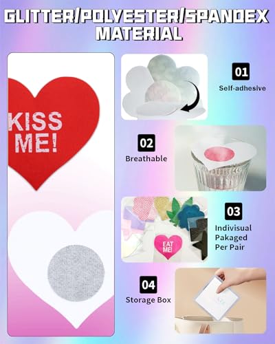 Pasties Sexy Nipple Covers 9 Pack Fun Pasty Pack for Rave Party Goth Lingerie Heart X Breast Petals with Words2
