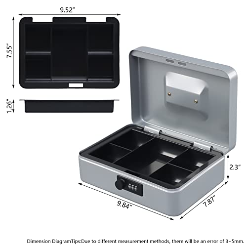 Image of KYODOLED Large Cash Box with Combination Lock,Safe Metal Box for Money, Storage Lock Box with Money Tray,9.84 inchx 7 inchx 3.54 inch Lightgrey Large