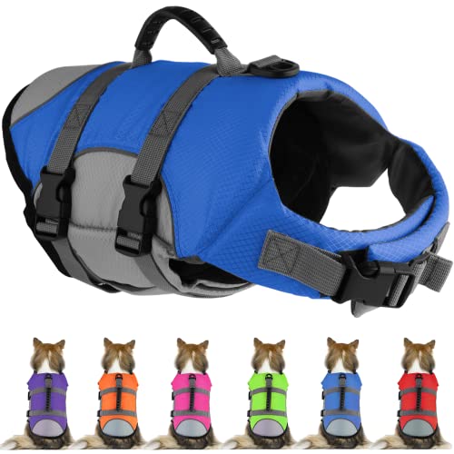 Mklhgty Chaleco salvavidas para perros, chaleco salvavidas reflectante y ajustable para perros con mango de rescate para nadar y navegar, antidesgarros para perros pequeños, medianos y grandes