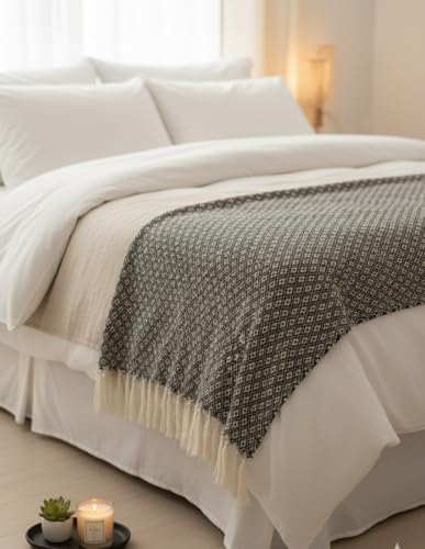 Image of HAKAM Black & White Diamond Cotton Throw Blanket | Handwoven Geometric Pattern Sofa & Bed Throw with Tassels | Soft Decorative Blanket for Living Room & Bedroom | 125X150 cm | Pack of 1