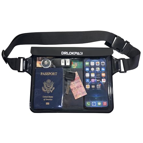 DRLOKPAK Waterproof Waist Pouch Fanny Pack Bum Bag Hip Pouch for Swim Surf Sail Snorkel Kayak Beach Pool to protect Wallet Passport Phone watch eReader mini tablet Dry (Black)