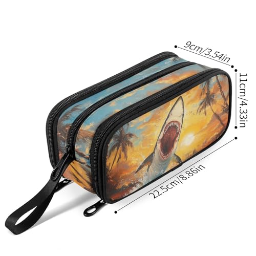 Image of Fustylead Oil Painting Of Open Mouth Shark Jumping Large Pencil Case Portable Stationery Bag Cosmetics Bag with Handle for School Office Travel