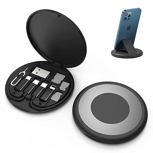 Mini Multi-Functional Fast Charging Data Cable Set for Apple, Android, Type C Charging with Retrieve Card Pin, Round Storage Box, Compact and Portable-(Black And White)