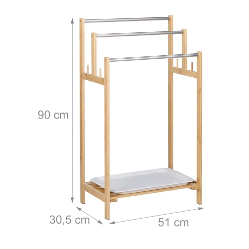 Relaxdays Toallero de Pie con Balda Inferior, 3 Barras en Escalera, Soporte Toallas, Bambú, Metal, 90x51x30,5cm, Natural - imagen 4