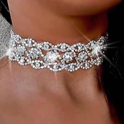 Prosy Funkelnde Kristall-Halsreif-Halskette, silberfarben, Strass-Halsband, Schmuck, verstellbar, für Damen und Mädchen