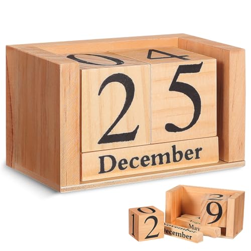 Gadpiparty Calendario de Mesa Decorativo de Madera Natural, Calendario Perpetuo de Bloques Giratorios para Escritorio, Uso Diario en Oficina y Hogar, Estilo Europeo Retro, Diseño Compacto