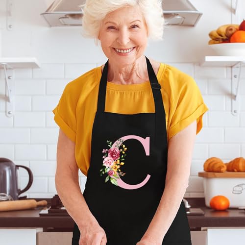 Personalisierte Initialen Schürzen Damen, Kochschürze Baumwolle Verstellbare Küchenschürze mit Taschen zum Kochen, Backen… – Ansicht 4
