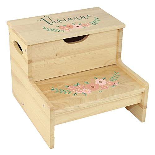 Personalized Blush Floral Garland Wood Step Stool with Storage - My Bambino
