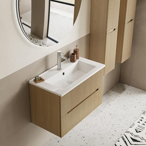 BRIDGE BENO 61 cm Breiter Wandschrank Mit Keramikwaschbecken, 2 Schubladen, Soft-Close-Funktion, Geriffelte Akzente, Geeignet Für Kleine Badezimmer/gäste-Wcs, Golden Sand