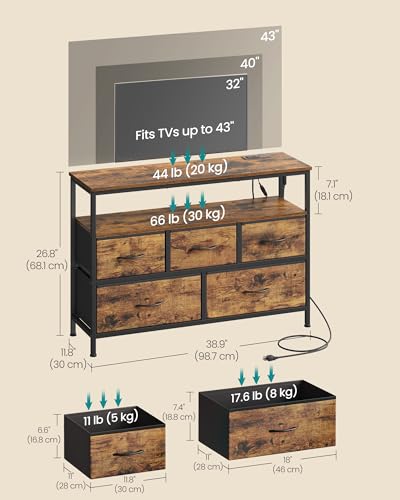 Image of SONGMICS BELLAH Collection - Dresser for Bedroom with App-Controlled LED Lights and Charging Station, Chest of Drawers, TV Stand, 5 Drawers, Shelf, Industrial, Rustic Brown and Ink Black ULGS723KD05S
