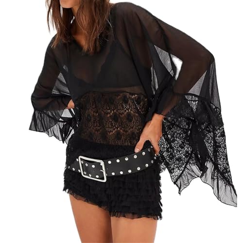 Sawden Women Sheer Poncho Top Chiffon Flowy See Through Beach Cover Up