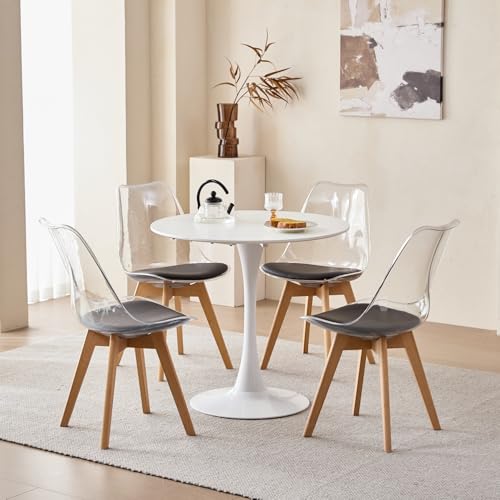 GrandCA HOME Mesa de Comedor con 4 Sillas, Mesa de Comedor Redonda Moderna Blanca de 80 CM, 4 Sillas de Cocina Tulipán Transparentes, para Cocina, Sala de Estar (Negro)