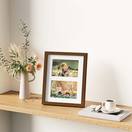 decorUhome 8x10 Picture Frames Collage Wall Decor, Display 2Pcs 4x6 Photos with Mat or 1Pcs 8x10 Unmatted, 2 4x6 Collage Picture Frames for Wall Mounting, Brown