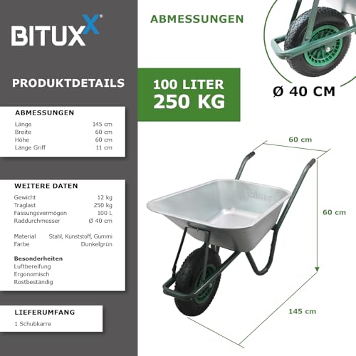 BITUXX® Schubkarre 100L Schubkarren Schiebkarre Bauschubkarre Verzinkt mit Luftreifen bis 250kg - 3