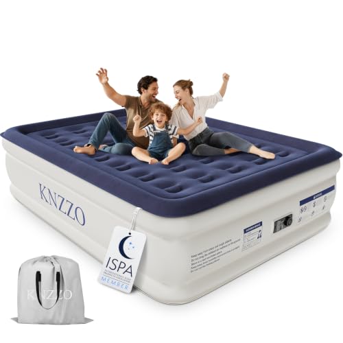 KNZZO Air Mattress Queen with Built-in Pump, Blow Up Mattress with Soft Flocked Top, Leakproof Inflatable Mattress, Foldable Waterproof Air Bed for Home, Guests, Camping, with Storage Bag