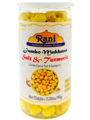 Image of Rani Jumbo Phool Makhana (Fox Nut /Popped Lotus Seed) Salt & Turmeric Flavor 2.29oz (65g) Vacuum Sealed, Easy Open Top, Resealable Container ~ Indian Tasty Treats | Vegan | NON-GMO | Indian Origin