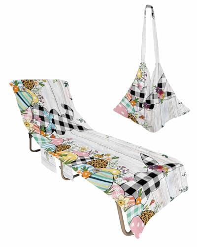 Black Plaid Bunny Easter Beach Lounge Chair Towel Cover, Soft Chaise Lounge Towel with Side Pockets Patio Pool Chairs Cover for Beach/Pool Sunbathing 29x85 Spring Floral Eggs Vintage