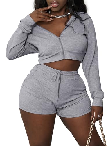 LovelyWholesale Women 2 Piece Outfits Long Sleeve Crop Zipper Hoodie and Shorts Tracksuit Set3