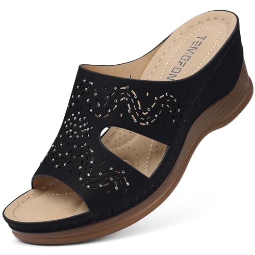 Image of TEMOFON Women Wedge Sandals Dressy: Comfortable Lightweight Summer Shoes | Low Wedge Heel - Fit Wide Feet - Comfy Stylish Slip on Sandals Size 5-11