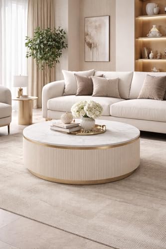 Image of WOODEN SPACE Premium Luxury Royal Pearl Marble-Top Coffee Table with Iron Legs & PVD Coating | Modern Round Wooden Center Table for Living Room & Entryway (Ivory, 36 Inch)