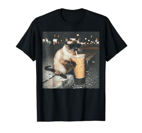 Siamese Cat Drinking Iced Coffee Funny Animal Meme Men Women T-Shirt