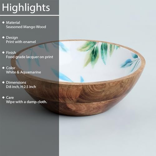 Image of SAAGA Printed Mango Wood Mixing Bowl | 8 x 2.5 Inch Large Wooden Serving Bowl for Salads, Fruits, Snacks, Curries & Desserts | Handcrafted Kitchen & Dining Bowl | White & Aquamarine
