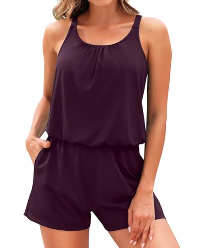Image of Tempt Me Women Romper One Piece Swimsuits with Short | with Pockets, Modest, Removable cups, Boyleg, Full coverage